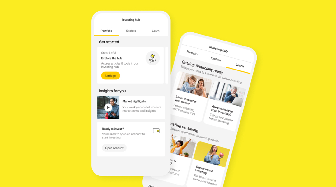 Two phones showing CommBank app Investing hub